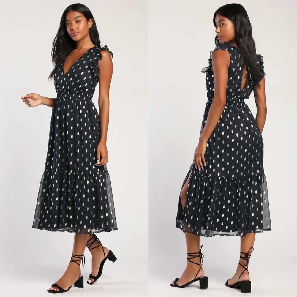 Lulus V-neck Ruffle Tiered Polka Dot Midi Dress in Navy and Silver